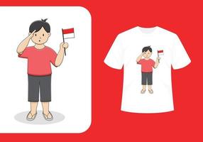 söt indonesisk pojke ta med flaggkaraktär med t -shirtmall vektor