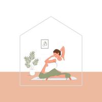 Bleiben Sie zu Hause Konzept. Frau praktiziert Yoga. Illustration vektor