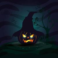 halloween pumpa med fågelskräm hatt i mörk natt vektor
