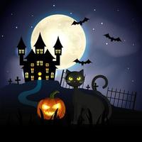 Katze mit Kürbis und Spukschloss in Halloween-Szene vektor