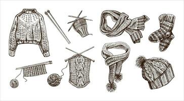 årgång uppsättning av hand dragen stickat Tröja, strumpor, scarf, hatt, stickning bearbeta, stickning nålar ikoner. handgjorda, sömnad Utrustning begrepp i årgång klotter stil. vektor
