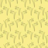 nahtlos Muster schwarz Kontur Blumen Narzissen auf ein Beige Hintergrund, kontinuierlich Linie. Gekritzel Vektor Illustration, Hintergrund zum Verpackung, Textil, Hintergrund