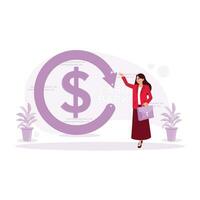 kvinna chef bärande en portfölj. Rör de pengar tillbaka symbol. kontanter tillbaka begrepp. trend modern vektor platt illustration