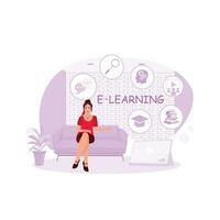 E-Learning Text mit ein Frau Sitzung auf das Couch. und etwas lehrreich Symbole. E-Learning Konzept. Trend modern Vektor eben Illustration.