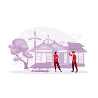 ein Mann und Ehefrau sind Stehen im Vorderseite von das Haus. mit Solar- Paneele und Wind Turbine Technologie. Öko Haus Konzept. Trend modern Vektor eben Illustration