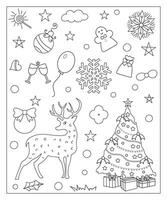 Färbung Seite von ein dekoriert Weihnachten Baum, Shanta Klaus, Ball, Glocke, Schneemann und Geschenke. Vektor schwarz und Weiß Illustration auf Weiß Hintergrund.
