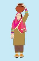 pakistanisch Dorf Frauen tragen Schalwar Kameez und dupatta mit Lehm Topf vektor