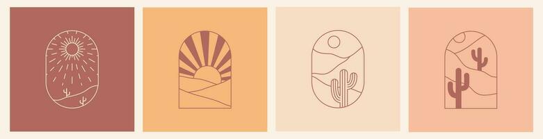 Boho Logo Landschaft mit Wüste. Kaktus, sandig Berge, Sonne und Mond. abstrakt Design Vorlagen. Vektor Bohemien einstellen im modisch Liner Stil