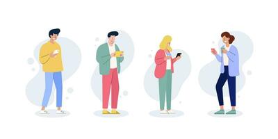 ung människor använder sig av smartphones för uppkopplad kommunikation och social media samspel. platt tecknad serie karaktär illustration uppsättning. vektor