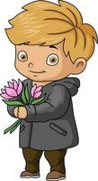 söt liten pojke tecknad serie innehav blomma bukett vektor