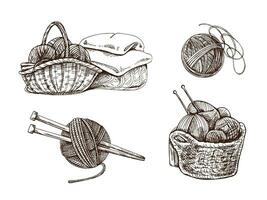 handgemalt skizzieren von Korb mit Bälle von Garn, wolle, gestrickt Waren. Strickwaren, handgefertigt, Stricken Ausrüstung Konzept im Jahrgang Gekritzel Stil. Gravur Stil. vektor