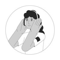 hörlurar lady latin amerikan svart och vit 2d vektor avatar illustration. mexikansk ung kvinna lyssnande musik översikt tecknad serie karaktär ansikte isolerat. podcast lyssnare platt användare profil bild