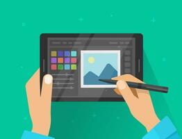 Foto oder Grafik Editor auf Tablette Vektor Illustration, eben Karikatur Grafik Tablette Bildschirm mit Designer Hände Zeichnung oder Bild Bearbeitung Software oder Programm Bild