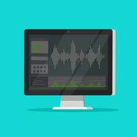 ljud eller audio inspelare eller redaktör programvara på dator skärm, platt tecknad serie övervaka med audio mixer studio ikon isolerat bild vektor