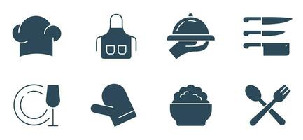 Koch Kochen solide Symbol Satz. Koch Instrument, Küche Schürze, Messer, Koch Hut, Becherglas, Reis Symbole Vektor