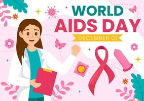 värld AIDS dag vektor illustration på 1 december med röd band till höja medvetenhet av de AIDS epidemi i platt tecknad serie rosa bakgrund design