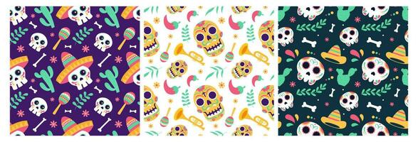 einstellen von dia de Muertos nahtlos Muster Illustration mit Tag von das tot und Skelett Element im Mexikaner Design vektor