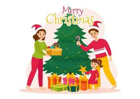 fröhlich Weihnachten Vektor Illustration mit Santa Klaus, Flitter Ball, Geschenk Kasten, Überraschung Geschenke, Bäume und Schnee Hintergrund im eben Karikatur Design