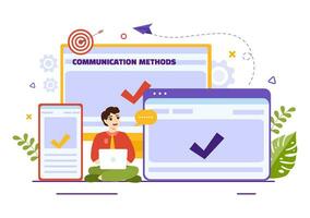 Kommunikation Methoden Vektor Illustration mit Mannschaft Verweisung Marketing, Projekt Management, Sozial Netzwerke und Öffentlichkeit Beziehungen im eben Hintergrund