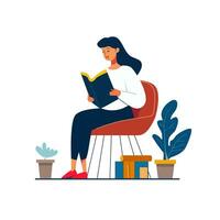 Frau lesen Buch. Freizeit, Literatur und Menschen Konzept vektor