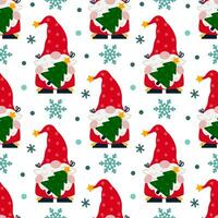 süß Gnom mit ein Weihnachten Baum nahtlos Vektor Muster. Santa claus Helfer im ein Strumpf Deckel mit ein Stern, rot Anzug. Neu Jahr Elf mit Schneeflocken. eben Karikatur Hintergrund zum drucken, Karten, Plakate