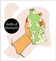 weiblich Hand hält Flasche von Shampoo mit Schaum. kosmetisch Produkt im Flasche, Spender zum Flüssigkeit Seife, Gel, Lotion, Bad Schaum und flauschige Schaum. vektor