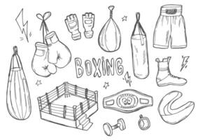 Boxen Symbole Satz. Stanzen Tasche, Box leuchtet, kurze Hose, Box Glocke, Ring. schwarz und Weiß Boxen Symbole, Hand gezeichnet Boxen Elemente Vektor Lager Illustration.