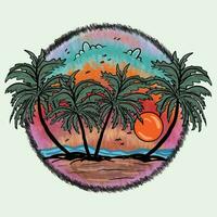 solnedgång strand, sommar strand solsken konstverk. årgång retro stil strand sommar paradis. vektor handflatan träd, solnedgång, soluppgång, surfbräda, vektor grafisk design.