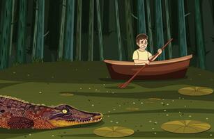 ein Kind fährt ein Angeln Boot und Krokodile Verfolgungsjagd ihn, Sieger vektor