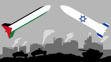 palestinsk israeli konflikt vektor illustration. palestina och Israel raket i förstörd stad illustration. landskap illustration av krig för social frågor, Nyheter, invasion och terrorism