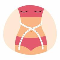 schlank Frau Maße ihr Taille mit Zentimeter Band. Schlankheit und Gewicht Verlust. Gesundheit Ernährung. vektor