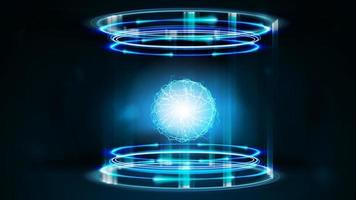 blaues Neon-Digitalportal mit glänzenden Ringen und Energieball im Inneren vektor