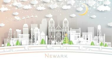 Newark Neu Jersey. Winter Stadt Horizont im Papier Schnitt Stil mit Schneeflocken, Mond und Neon- Girlande. Weihnachten und Neu Jahr Konzept. Newark Stadtbild mit Sehenswürdigkeiten. vektor