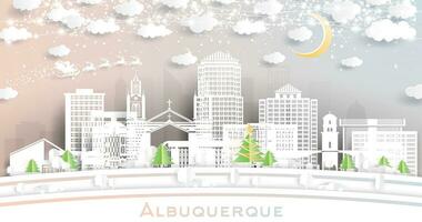 Albuquerque Neu Mexiko USA. Winter Stadt Horizont im Papier Schnitt Stil mit Schneeflocken, Mond und Neon- Girlande. Weihnachten und Neu Jahr Konzept. Albuquerque Stadtbild mit Sehenswürdigkeiten. vektor