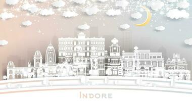 Indore Indien Stadt Horizont im Papier Schnitt Stil mit Weiß Gebäude, Mond und Neon- Girlande. Reise und Tourismus Konzept. Indore Stadtbild mit Sehenswürdigkeiten. vektor