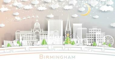 birmingham Storbritannien. vinter- stad horisont i papper skära stil med snöflingor, måne och neon krans. jul och ny år begrepp. birmingham stadsbild med landmärken. vektor