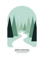 Weihnachten oder Neu Jahr Gruß Karte, Urlaub Karte, Einladung, Hintergründe, Poster, Urlaub Abdeckungen, Baum, Straße, Schnee, modern minimalistisch Stil, Vektor Illustration