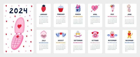 söt kalender mall för 2024 år med kreativ romantisk illustrationer. kalender rutnät med Veckor börjar på måndag för barn barnkammare, företags- design. vertikal en gång i månaden kalander layout för planera. vektor