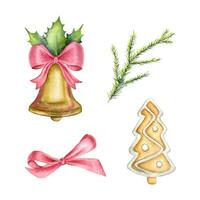 uppsättning av hand dragen vattenfärg jul föremål. isolerat vattenfärg vektor jul klocka, vattenfärg ingefära bröd, röd band och gren av tall.