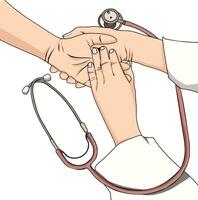 ein Arzt halten ein Hand mit ein Stethoskop vektor