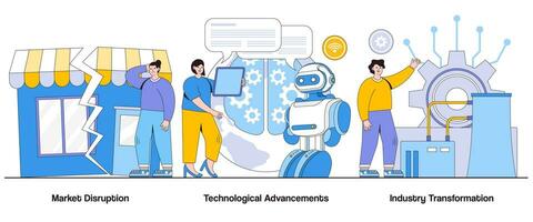 marknadsföra störning, teknologisk framsteg, industri omvandling begrepp med karaktär. digital omvandling abstrakt vektor illustration uppsättning. störande teknologier, marknadsföra Evolution