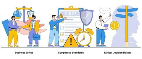 företag etik, överensstämmelse standarder, etisk beslutsfattande begrepp med karaktär. etisk företag praxis abstrakt vektor illustration uppsättning. integritet, genomskinlighet, social ansvar