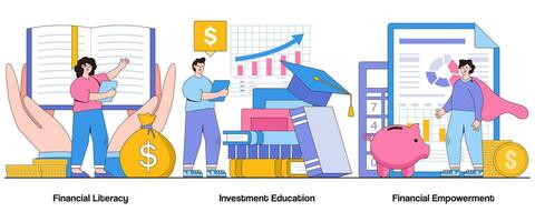 finanziell Alphabetisierung, Investition Ausbildung, finanziell Ermächtigung Konzept mit Charakter. finanziell Bildung abstrakt Vektor Illustration Satz. Budgetierung Fähigkeiten, Investition Wissen Metapher