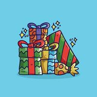 tecknad serie vektor illustration av jul gåva. stor lugg av gåva lådor i festlig omslag papper med band och pilbågar. stack av annorlunda presenterar för jul Semester.