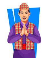 ein nepali gut aussehend Mann tragen ein traditionell nepali Stoff und Deckel, zeigen namaste oder ein herzlich willkommen Geste vektor
