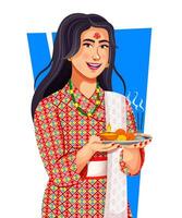 ein nepali schön Frau tragen ein traditionell nepali Stoff und Schmuck. Frau halten dekoriert Puja Thali und zeigen herzlich willkommen Geste feiern tihar Festival vektor