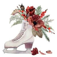 Hand gezeichnet Aquarell Zahl Skaten Stiefel mit Blume Kompositionen, Winter Sport Schuhwerk. Illustration isoliert auf Weiß Hintergrund. Design Poster, drucken, Webseite, Karte, Einladung, Geschäft Broschüre vektor