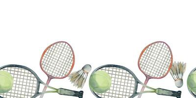 hand dragen vattenfärg sporter redskap Utrustning, tennis och badminton racket, boll fjäderboll, kondition. illustration isolerat sömlös gräns vit bakgrund. design affisch, skriva ut, hemsida, kort, affär vektor