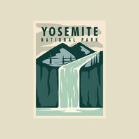 Yosemit National Park Poster Vektor Illustration Vorlage Grafik Design. Wasserfall im Natur mit Berg landschaftlich gestaltet Banner und Zeichen zum Reise und Tourismus Geschäft Konzept
