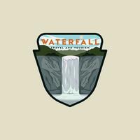 vattenfall vektor emblem illustration mall grafisk design. utforska natur begrepp för baner och tecken bricka märka dekoration för resa och turism företag